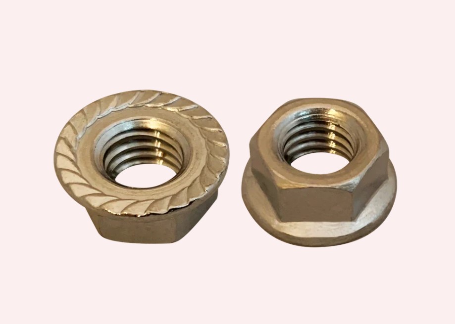 Brass Serrated Flange Lock Nuts with Cutting Teeth, Vibration Proof Self-Locking Nuts for Sheet Metal Automotive and Machinery Assembly Applications